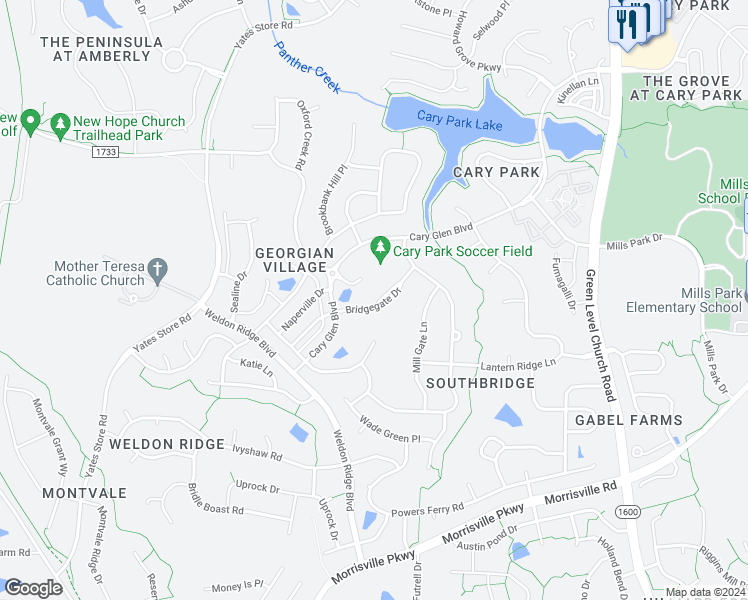 map of restaurants, bars, coffee shops, grocery stores, and more near 319 Bridgegate Drive in Cary