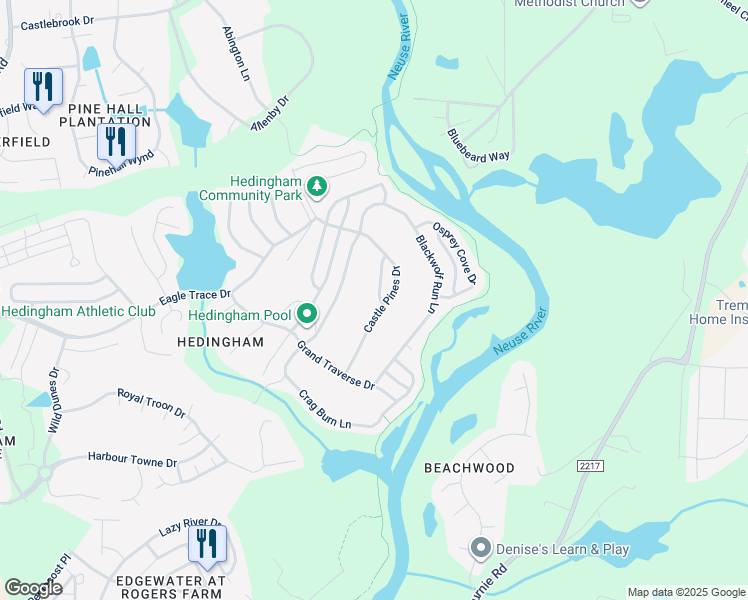 map of restaurants, bars, coffee shops, grocery stores, and more near 5305 Sahalee Way in Raleigh