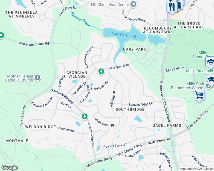 map of restaurants, bars, coffee shops, grocery stores, and more near 340 Bridgegate Drive in Cary