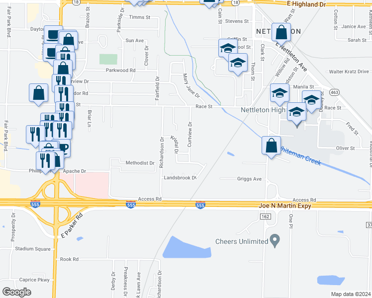 map of restaurants, bars, coffee shops, grocery stores, and more near 2719 Curtview Drive in Jonesboro