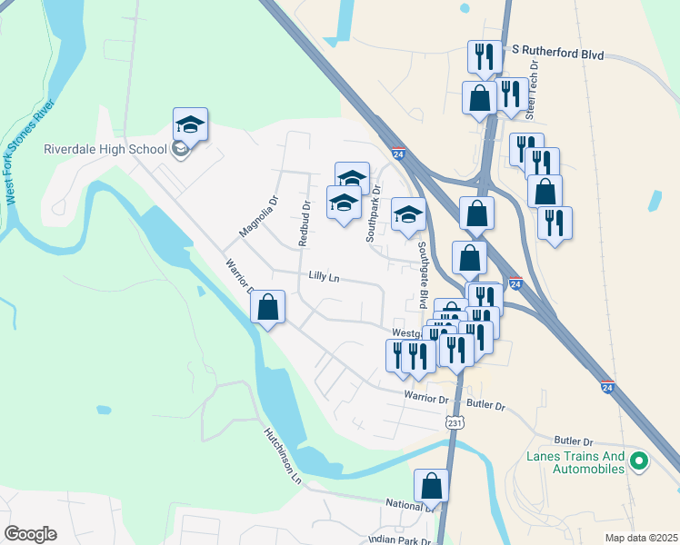 map of restaurants, bars, coffee shops, grocery stores, and more near 440 Lilly Lane in Murfreesboro