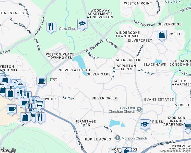 map of restaurants, bars, coffee shops, grocery stores, and more near 412 New Rail Drive in Cary