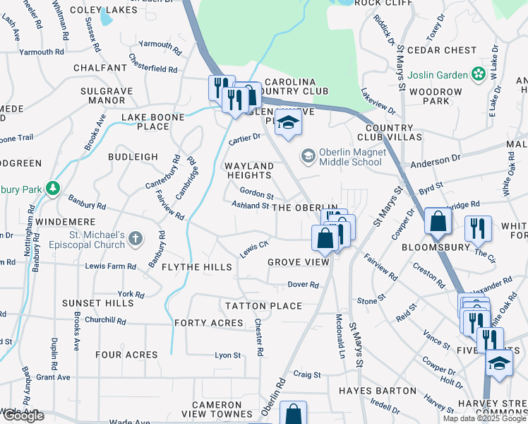 map of restaurants, bars, coffee shops, grocery stores, and more near 2703 Ashland Street in Raleigh