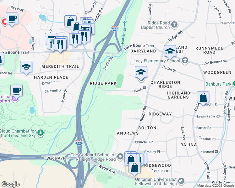 map of restaurants, bars, coffee shops, grocery stores, and more near 3413 Horton Street in Raleigh