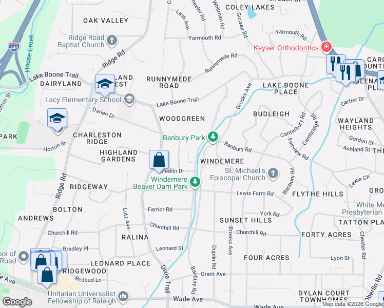 map of restaurants, bars, coffee shops, grocery stores, and more near 1625 Nottingham Road in Raleigh