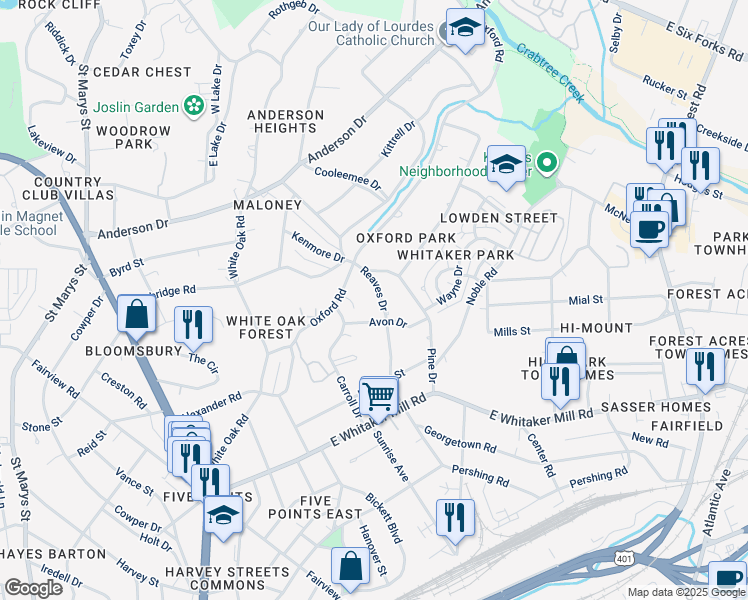 map of restaurants, bars, coffee shops, grocery stores, and more near 2109 Reaves Drive in Raleigh