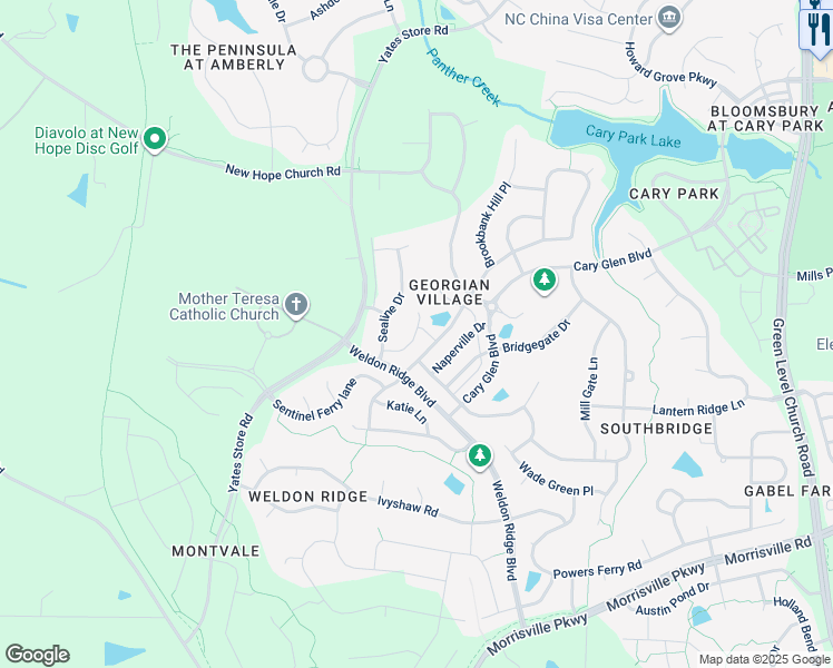 map of restaurants, bars, coffee shops, grocery stores, and more near 724 Transom View Way in Cary