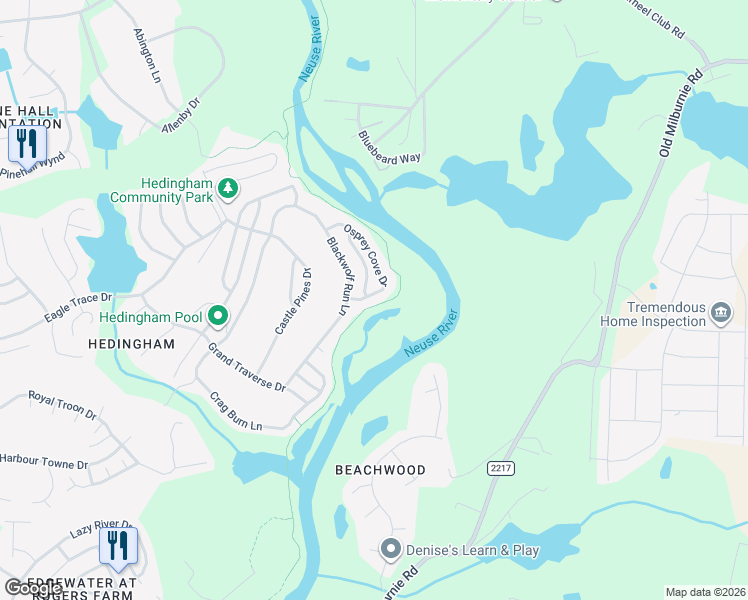 map of restaurants, bars, coffee shops, grocery stores, and more near 5718 Osprey Cove Drive in Raleigh