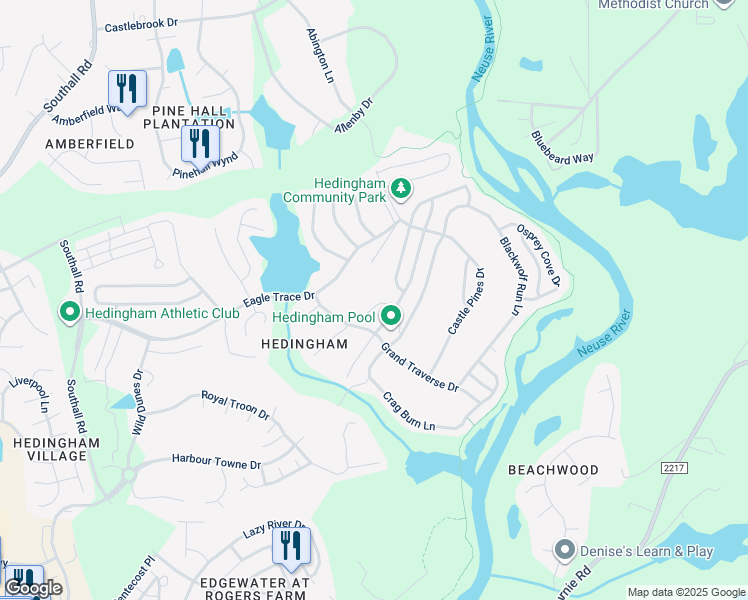 map of restaurants, bars, coffee shops, grocery stores, and more near 5349 Cog Hill Court in Raleigh