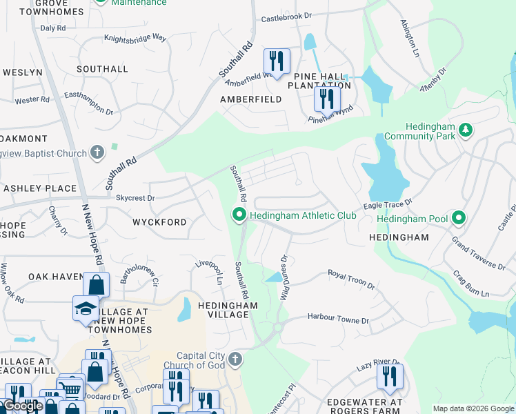 map of restaurants, bars, coffee shops, grocery stores, and more near 4712 Forest Highland Drive in Raleigh