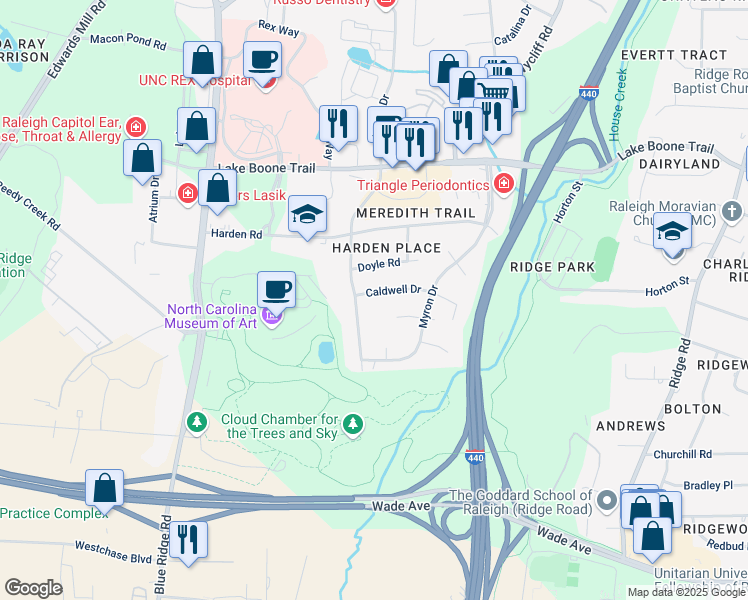 map of restaurants, bars, coffee shops, grocery stores, and more near 3417 Caldwell Drive in Raleigh