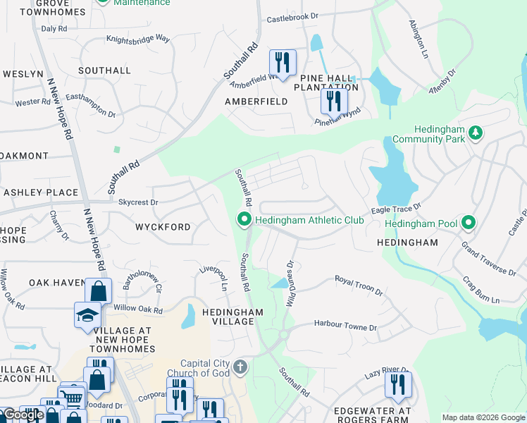 map of restaurants, bars, coffee shops, grocery stores, and more near 4712 Forest Highland Drive in Raleigh