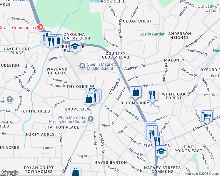 map of restaurants, bars, coffee shops, grocery stores, and more near 2205 Saint Marys Street in Raleigh