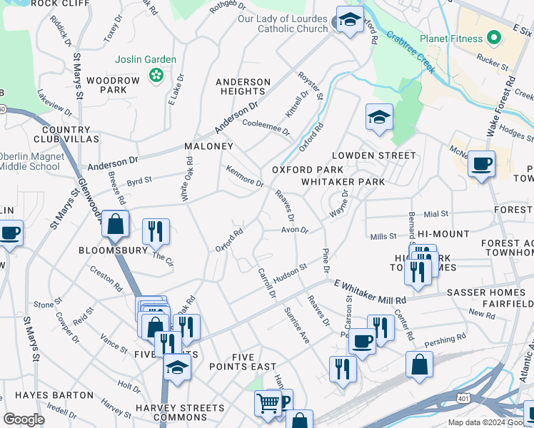 map of restaurants, bars, coffee shops, grocery stores, and more near Fallon Oaks Court in Raleigh