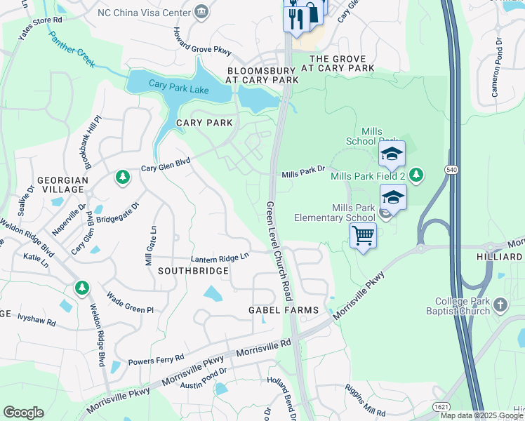 map of restaurants, bars, coffee shops, grocery stores, and more near 108 Park Manor Lane in Cary