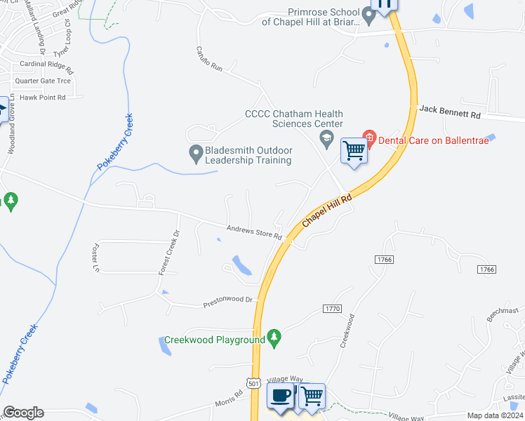 map of restaurants, bars, coffee shops, grocery stores, and more near 133 Allendale Drive in Pittsboro