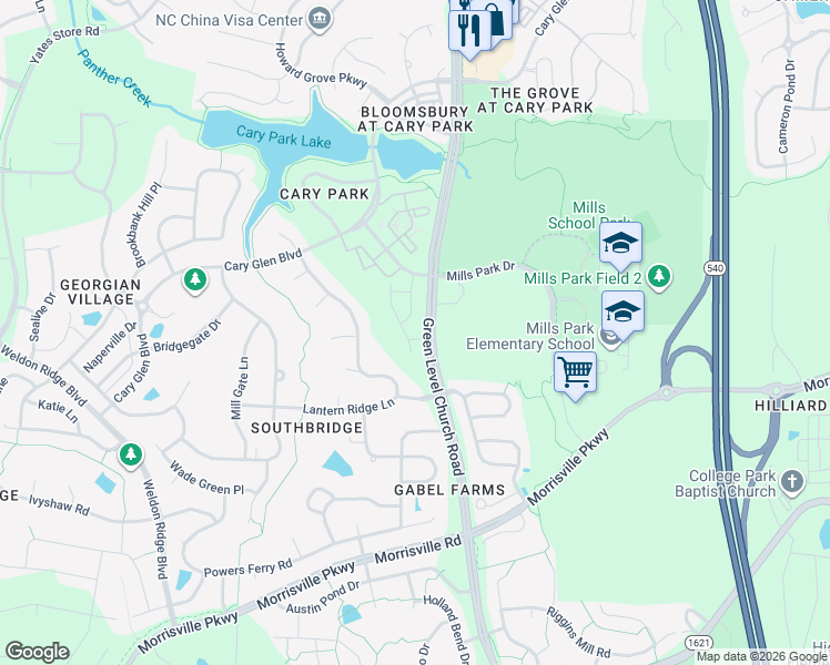 map of restaurants, bars, coffee shops, grocery stores, and more near 108 Park Manor Lane in Cary