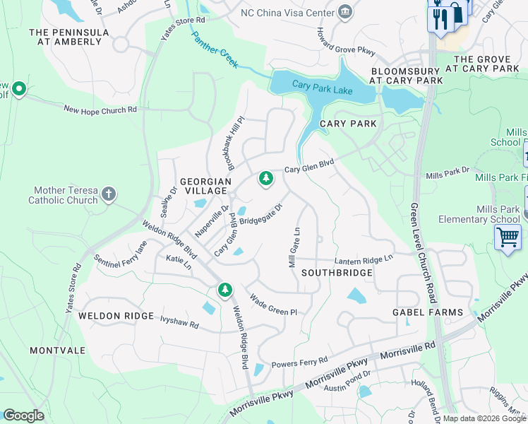 map of restaurants, bars, coffee shops, grocery stores, and more near 323 Bridgegate Drive in Cary
