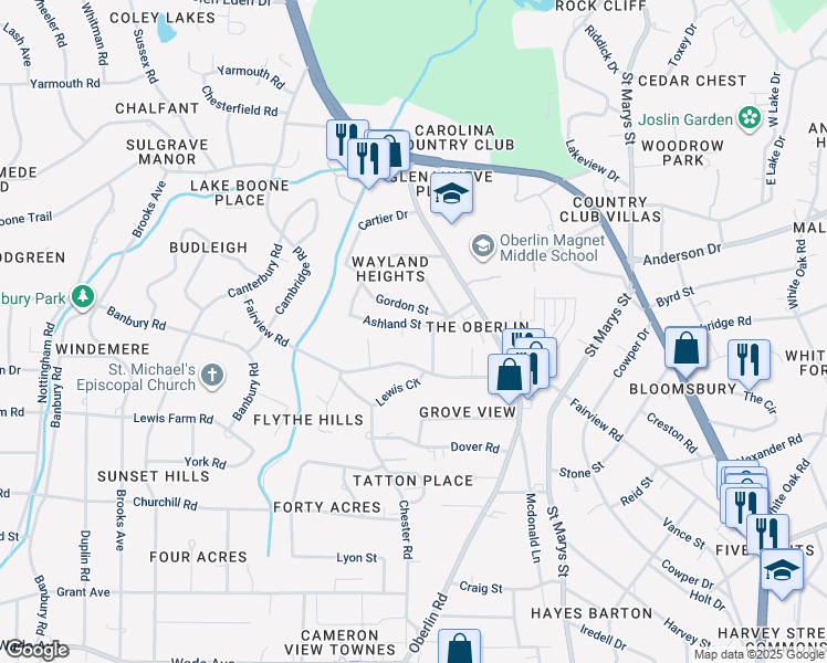 map of restaurants, bars, coffee shops, grocery stores, and more near 2703 Ashland Street in Raleigh