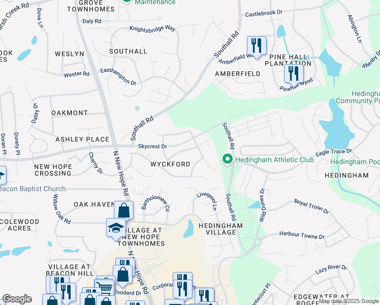 map of restaurants, bars, coffee shops, grocery stores, and more near 4636 Dresden Village Drive in Raleigh