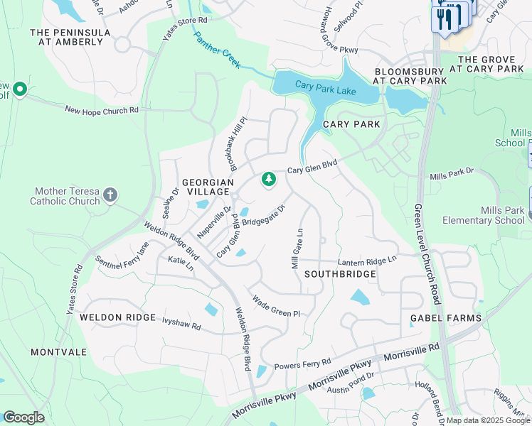 map of restaurants, bars, coffee shops, grocery stores, and more near 323 Bridgegate Drive in Cary