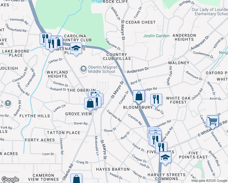 map of restaurants, bars, coffee shops, grocery stores, and more near 2205 Saint Marys Street in Raleigh