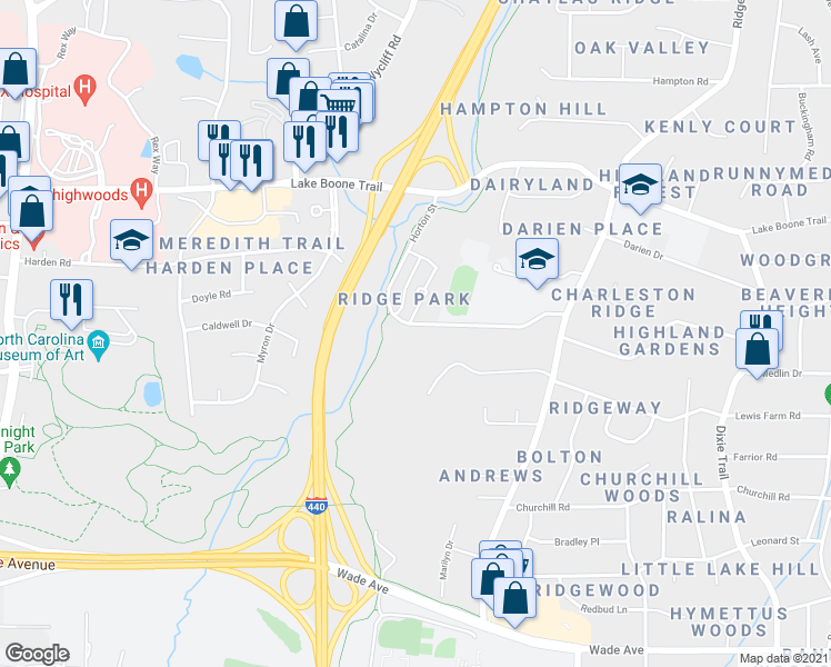 map of restaurants, bars, coffee shops, grocery stores, and more near 3429 Horton Street in Raleigh