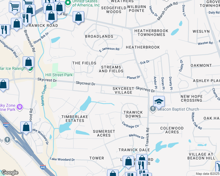 map of restaurants, bars, coffee shops, grocery stores, and more near 3316 Skycrest Drive in Raleigh