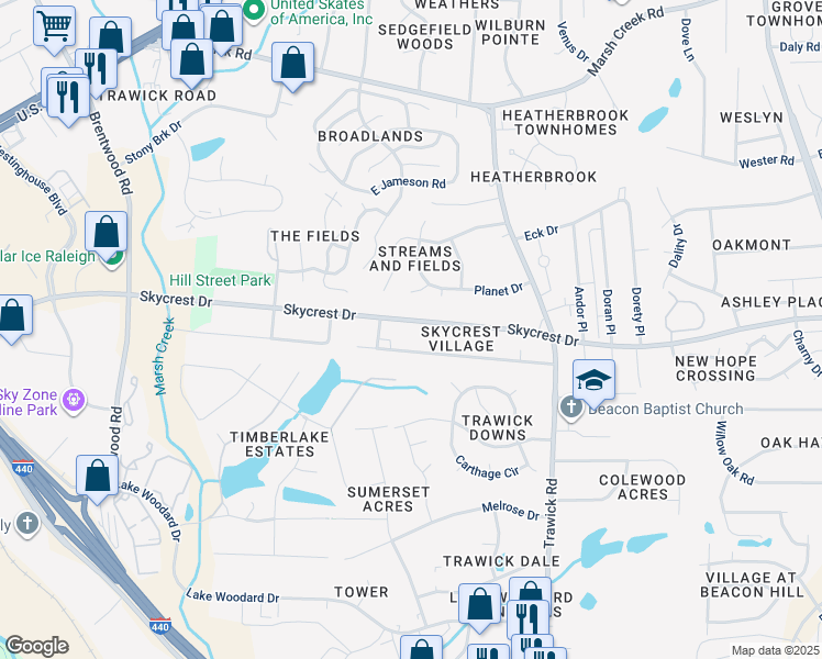 map of restaurants, bars, coffee shops, grocery stores, and more near 3316 Skycrest Drive in Raleigh