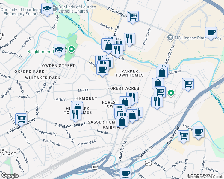 map of restaurants, bars, coffee shops, grocery stores, and more near 2108 Wake Forest Road in Raleigh