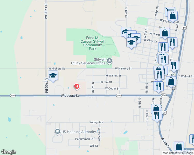 map of restaurants, bars, coffee shops, grocery stores, and more near 1102 West Walnut Street in Stilwell