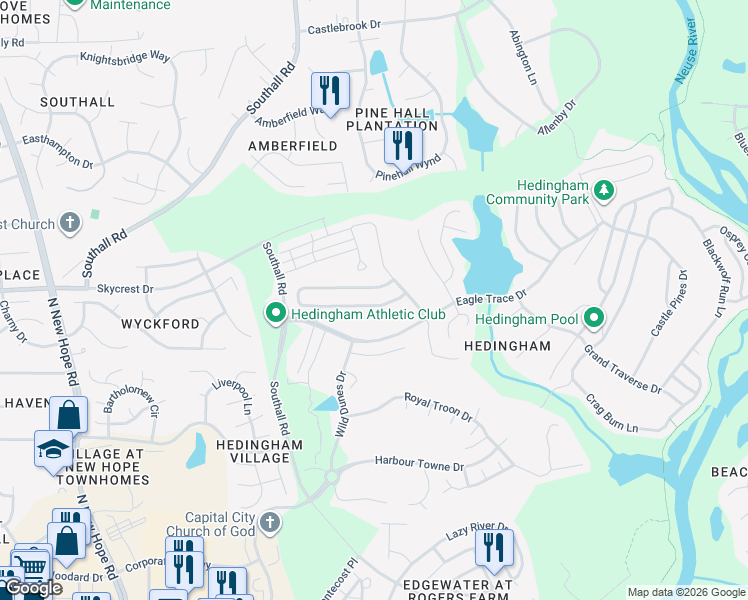 map of restaurants, bars, coffee shops, grocery stores, and more near 4624 Forest Highland Drive in Raleigh