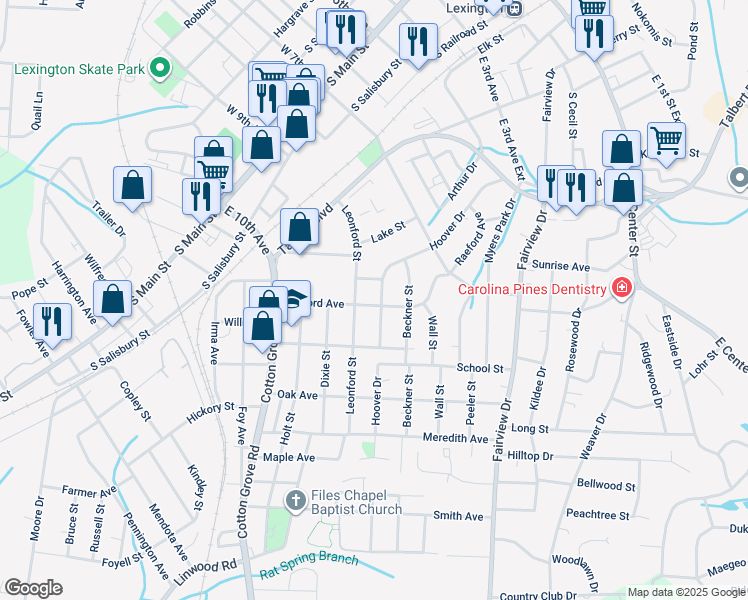 map of restaurants, bars, coffee shops, grocery stores, and more near 600 Raeford Avenue in Lexington