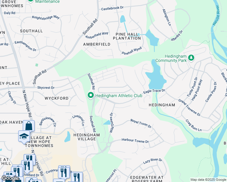 map of restaurants, bars, coffee shops, grocery stores, and more near 4644 Forest Highland Drive in Raleigh