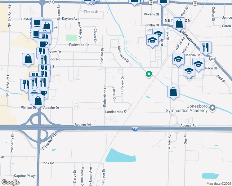 map of restaurants, bars, coffee shops, grocery stores, and more near 2718 Kristal Drive in Jonesboro