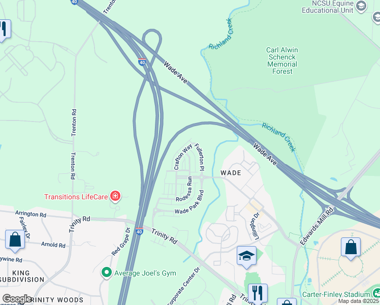 map of restaurants, bars, coffee shops, grocery stores, and more near 1564 Rodessa Run in Raleigh