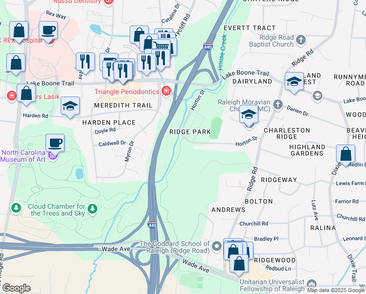 map of restaurants, bars, coffee shops, grocery stores, and more near 3501 Horton Street in Raleigh