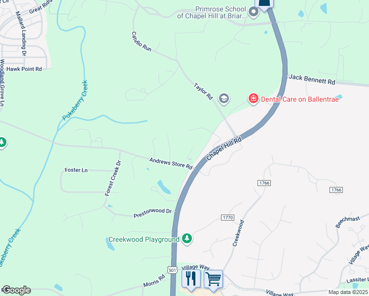 map of restaurants, bars, coffee shops, grocery stores, and more near 129 Allendale Drive in Pittsboro