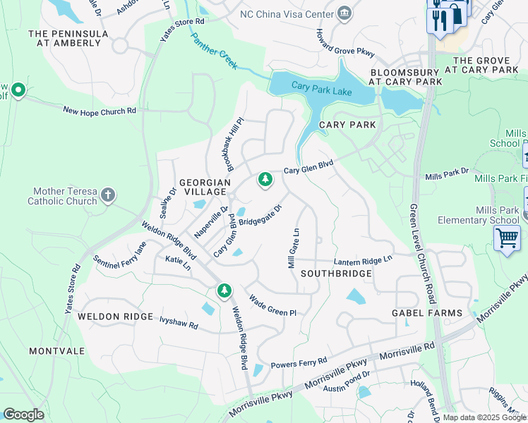 map of restaurants, bars, coffee shops, grocery stores, and more near 325 Bridgegate Drive in Cary