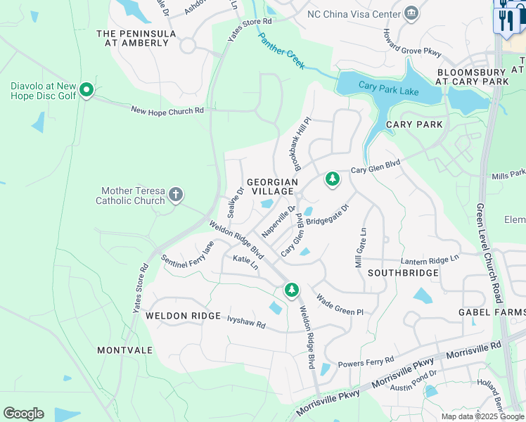 map of restaurants, bars, coffee shops, grocery stores, and more near 518 Alden Bridge Drive in Cary