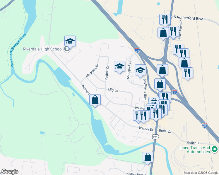 map of restaurants, bars, coffee shops, grocery stores, and more near 510 Lilly Lane in Murfreesboro
