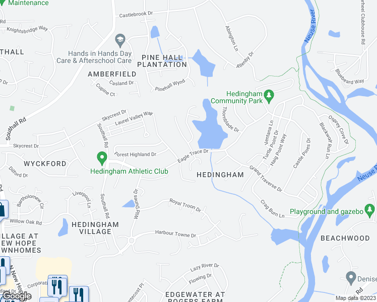 map of restaurants, bars, coffee shops, grocery stores, and more near 2001 Muirfield Village Way in Raleigh