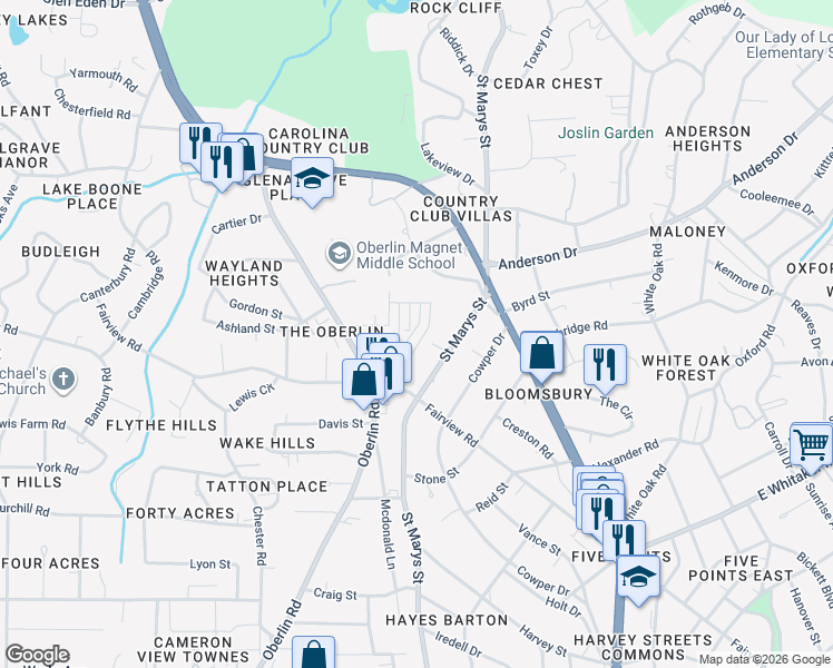 map of restaurants, bars, coffee shops, grocery stores, and more near 2409 Middle Court in Raleigh