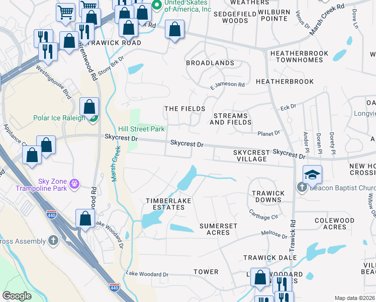 map of restaurants, bars, coffee shops, grocery stores, and more near 2207 Sunlit Lane in Raleigh