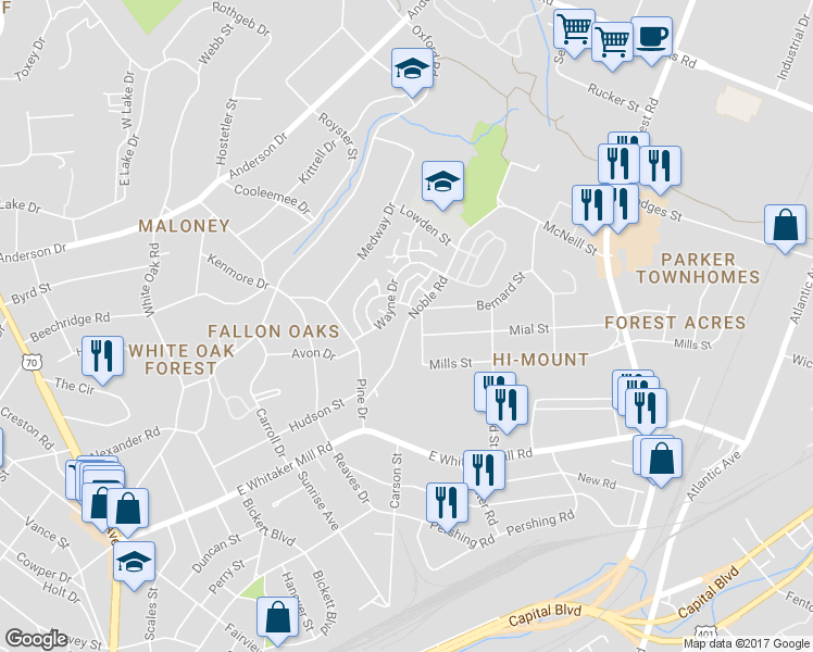 map of restaurants, bars, coffee shops, grocery stores, and more near 2100 Noble Road in Raleigh