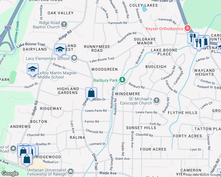 map of restaurants, bars, coffee shops, grocery stores, and more near 1625 Nottingham Road in Raleigh