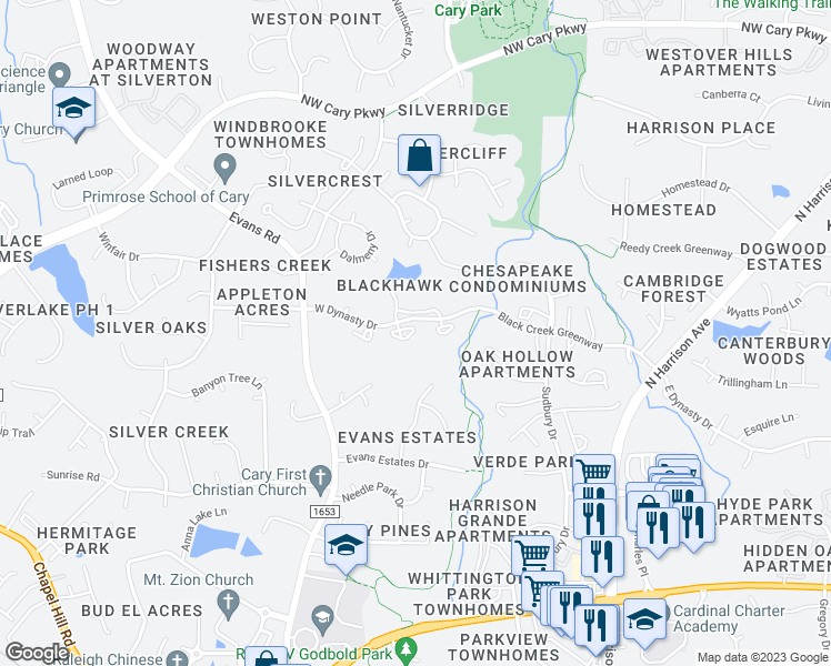 map of restaurants, bars, coffee shops, grocery stores, and more near 107B Killam Court in Cary
