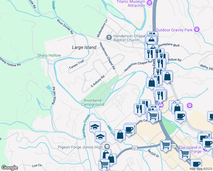 map of restaurants, bars, coffee shops, grocery stores, and more near 62 Riverbend Loop in Pigeon Forge