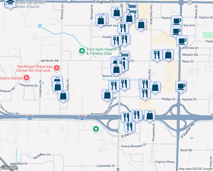 map of restaurants, bars, coffee shops, grocery stores, and more near 2208 Conrad Drive in Jonesboro