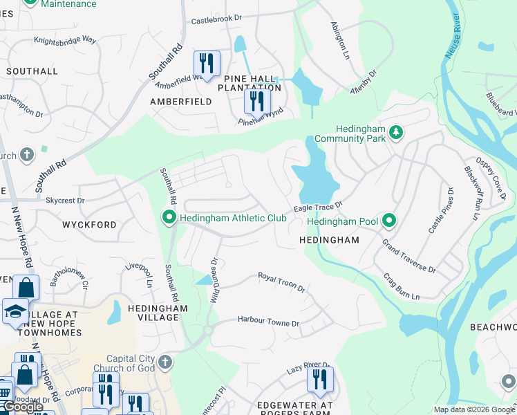 map of restaurants, bars, coffee shops, grocery stores, and more near 2017 Laurel Valley Way in Raleigh